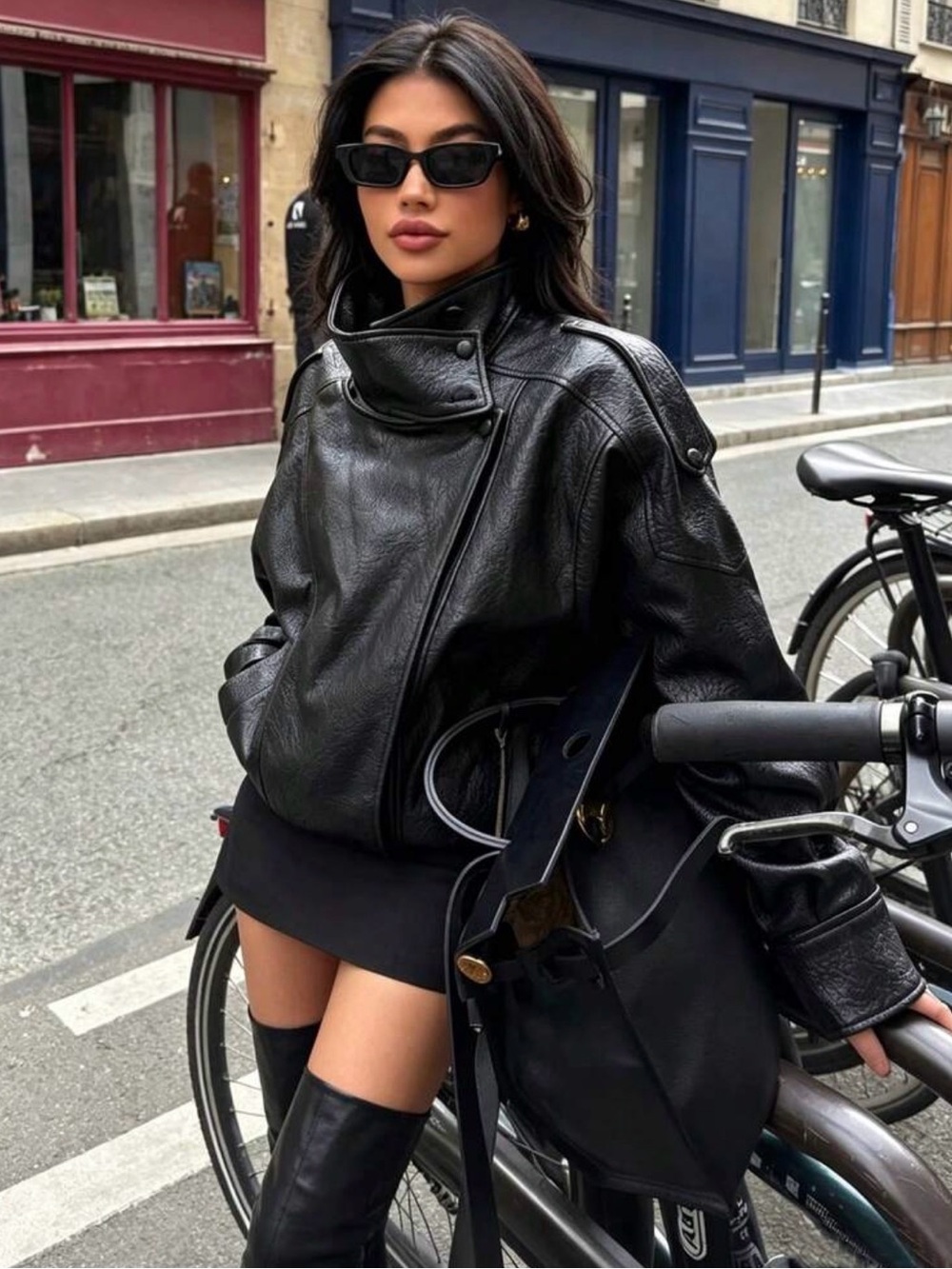 Viral Black Leather Moto Jacket - Women's Oversized Biker Coat -s